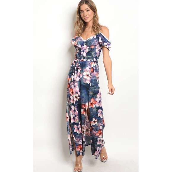 Miss Love Maxi Dress Medium Blue Pink Floral Print Sleeveless Lace Trim Belt - Picture 1 of 13